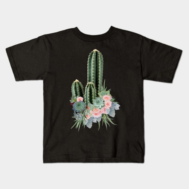 Succulents plants and pink roses Kids T-Shirt by Collagedream